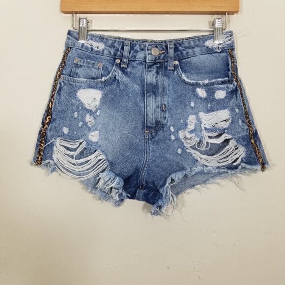 Zara Animal Print Stripes Distressed Jean Shorts Blue Size 2